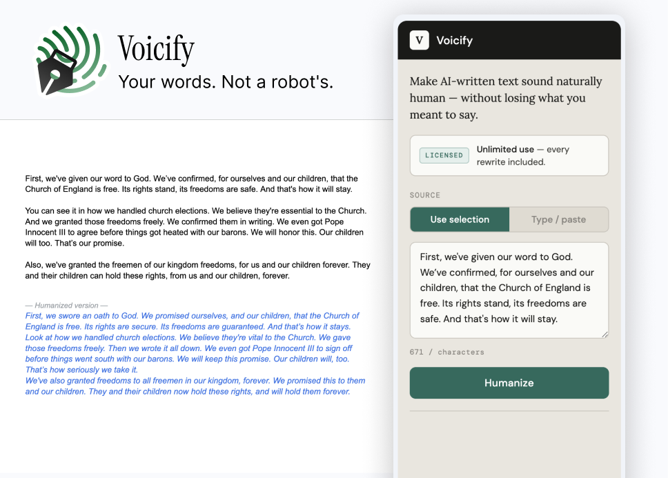 Voicify sidebar in Google Docs